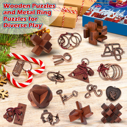 Brain Teaser Advent Box Packing 24 Interlocking Metal Ring and Wooden Block Puzzles for Puzzle Fans of Every Age