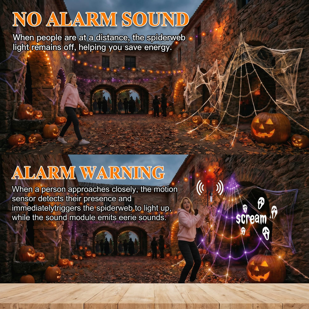 Sensor Triggered Spider Web Lights with 150 Purple LEDs and Eerie Sounds for Gutters and Lawns
