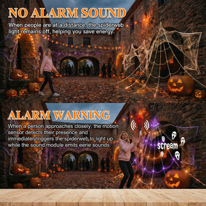 Sensor Triggered Spider Web Lights with 150 Purple LEDs and Eerie Sounds for Gutters and Lawns