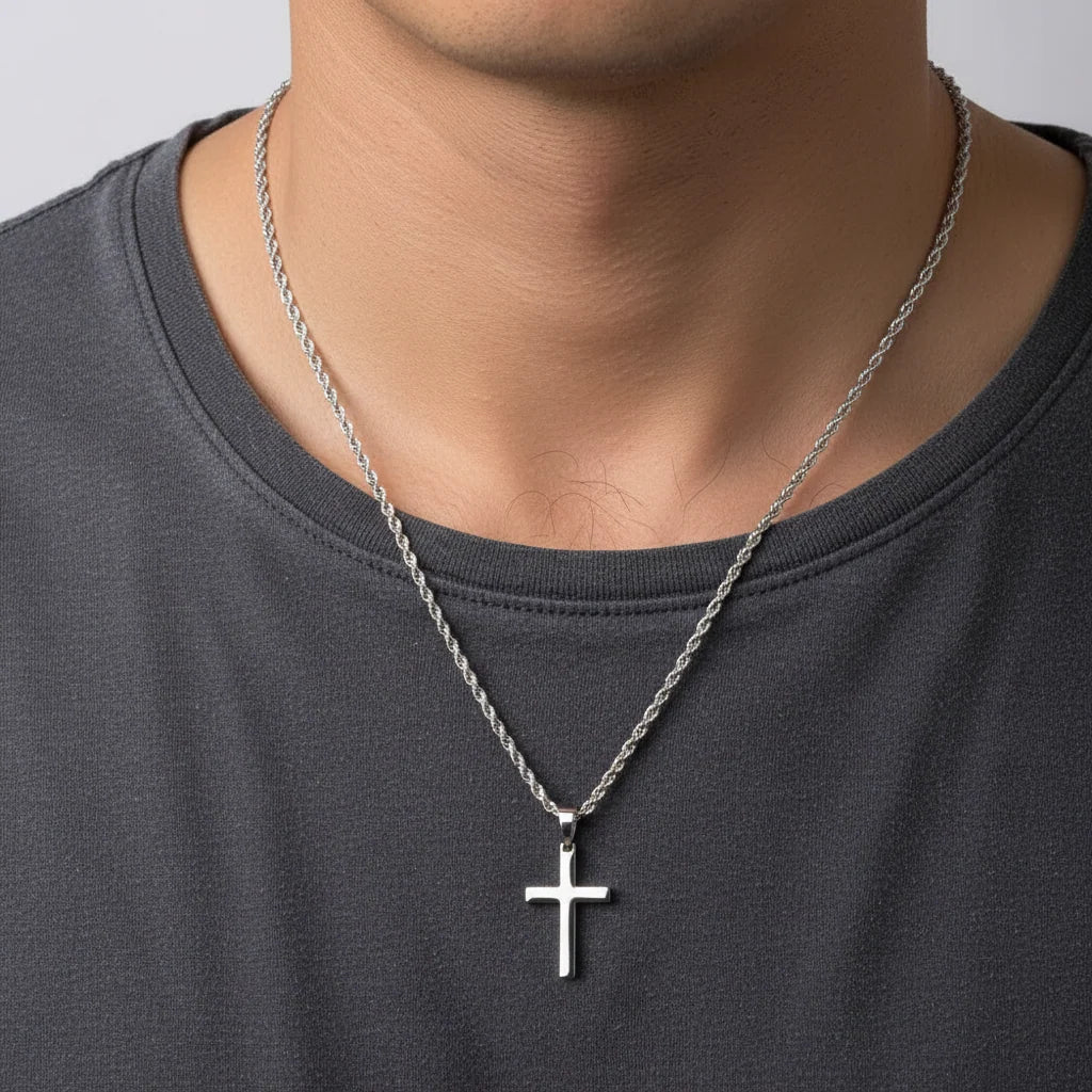 Mens Steel Crucifix Charm Chain, Silver Tone with Clasp Fastening