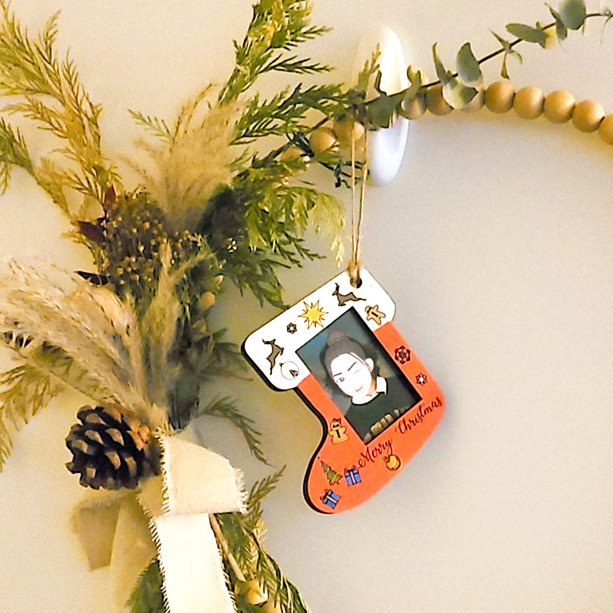 Photo Holding Wood Stocking Ornament Offered as an Unfinished Paint Kit or a Ready Painted and Assembled Piece