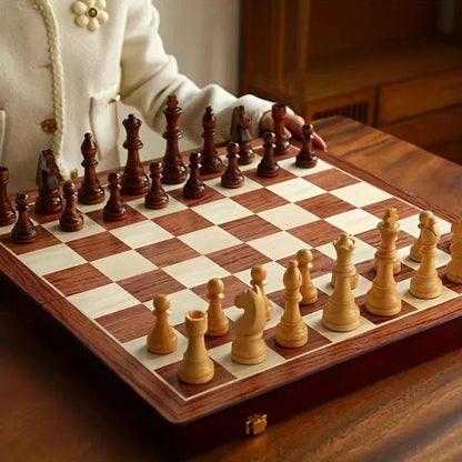 Handcrafted Solid Wood Chess Board with Carved Pieces and Storage Drawer