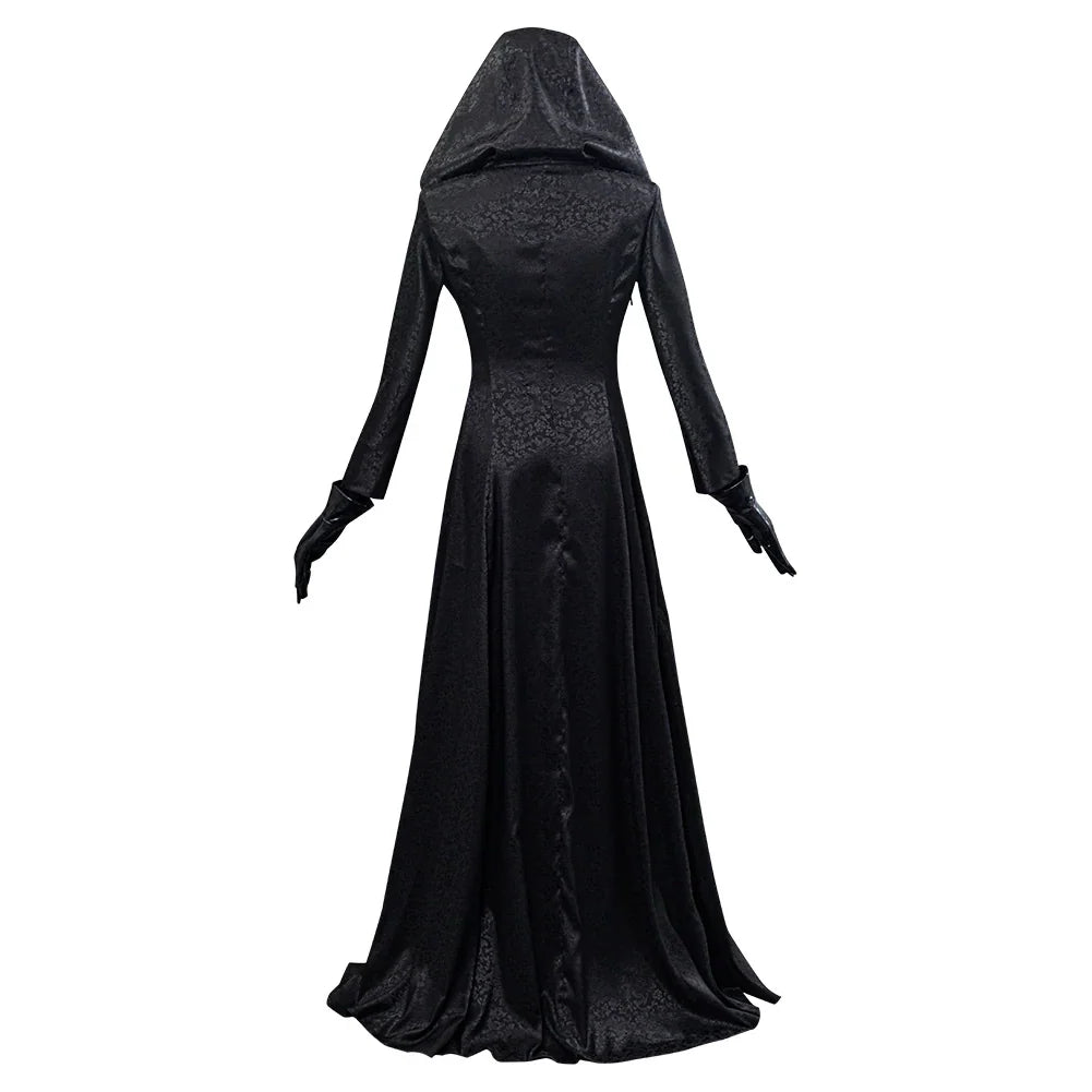 Women's Gothic Halloween Outfit with Patterned Long Jacket and Temporary Tattoos