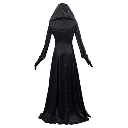 Women's Gothic Halloween Outfit with Patterned Long Jacket and Temporary Tattoos