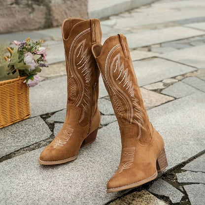 Women's Tall Western Boots with Stitched Pattern, Chunky Heel and Tapered Toe