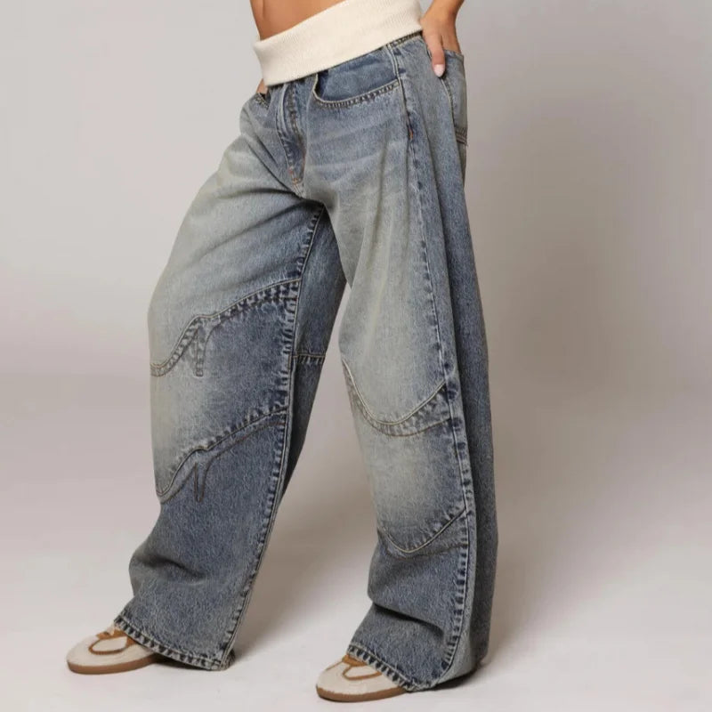 Women's Light Wash Denim Trousers with Stretch Waist and Loose Straight Cut