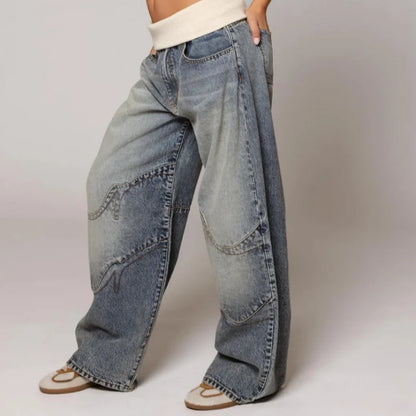 Women's Light Wash Denim Trousers with Stretch Waist and Loose Straight Cut