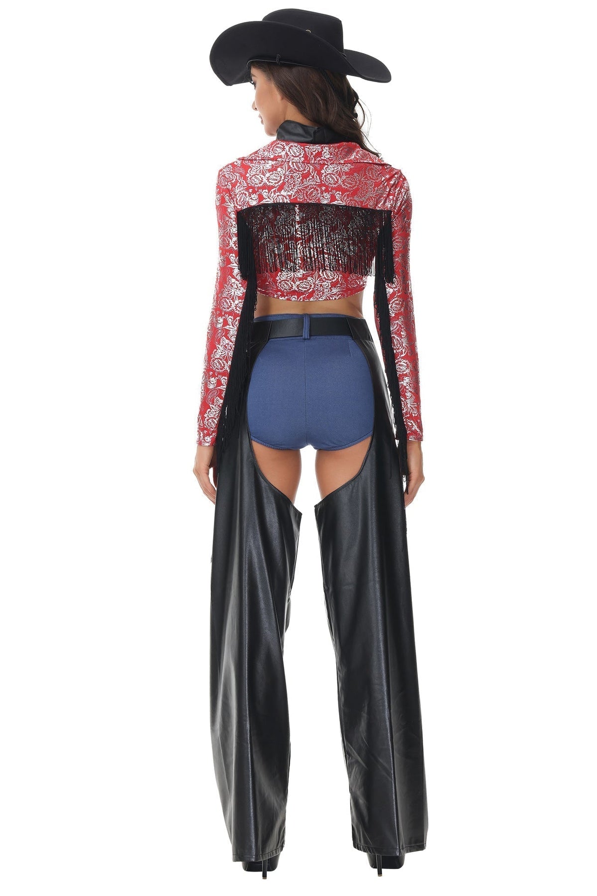 Cowgirl Costume with Silver Floral Fringe Top, Black Open Side Pants, and Optional Hat