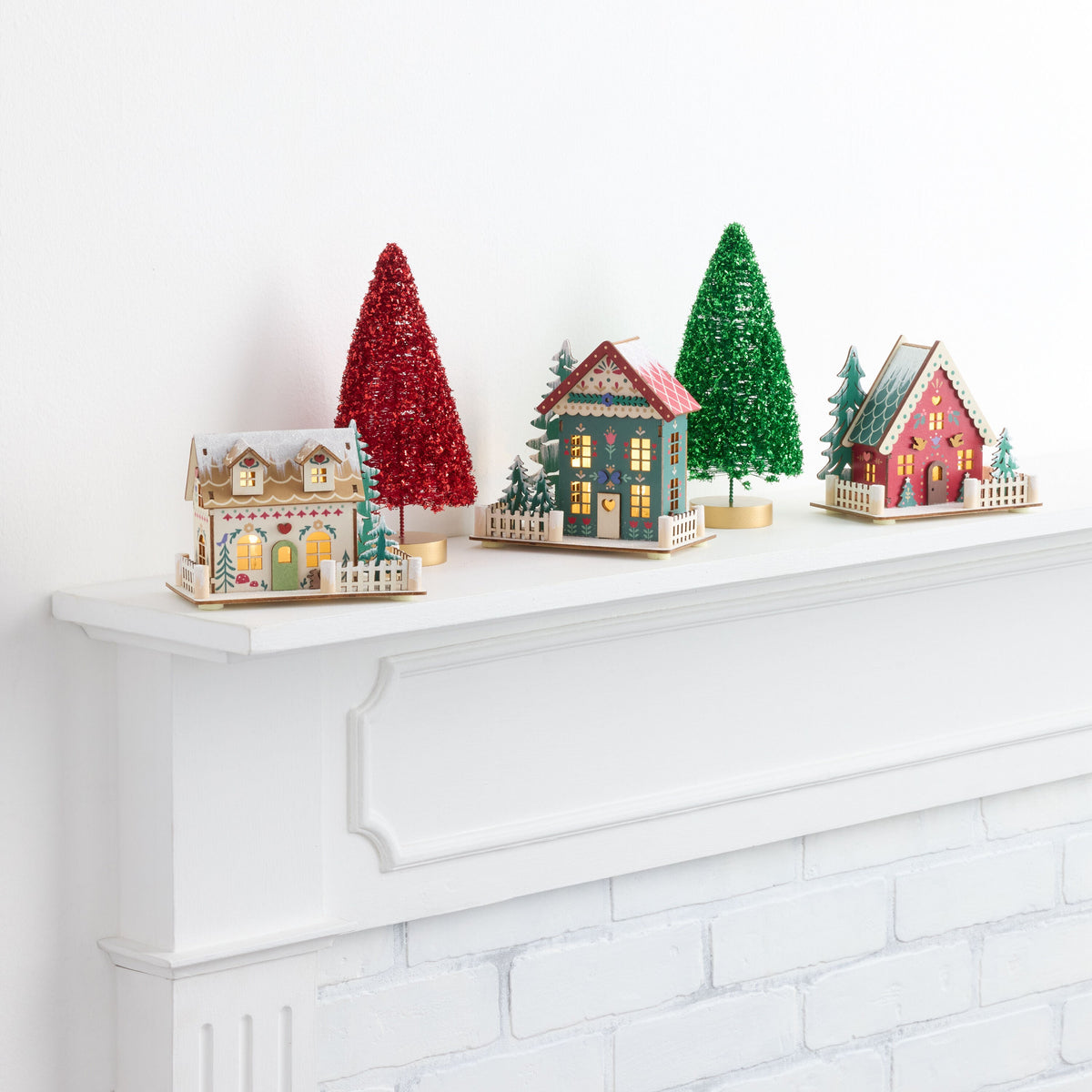 Trio of Wooden Folk Cottages with LED Glow and Timer for Snowy Holiday Displays