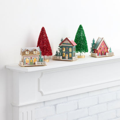 Trio of Wooden Folk Cottages with LED Glow and Timer for Snowy Holiday Displays
