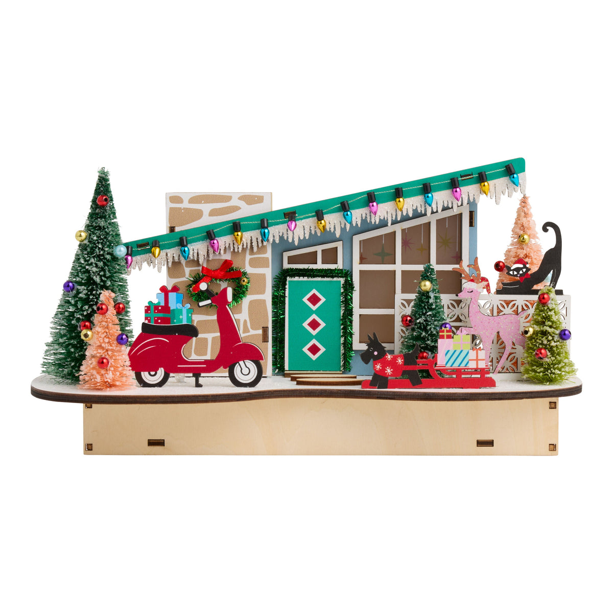 Sloped Roof Mid Century House with Cherry Red Scooter LED Decor and Timer for Christmas Shelves