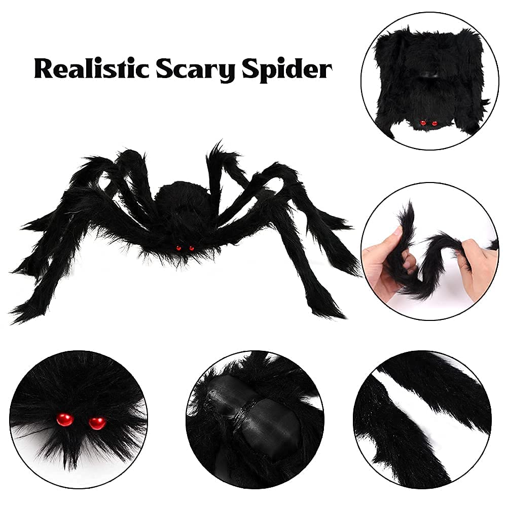 Poseable Hairy Spider Trio with 12 Foot Web for Halloween Doorways Hedges and Rails in Black Or White