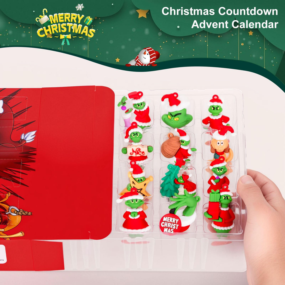 Holiday Figure Advent Box with 24 Small Plastic Collectibles in a Red, Black or Blue Box