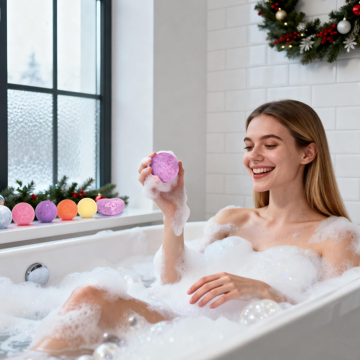 Bath Bomb Advent Box with 24 Wrapped Bath Bombs in 14 Scents and a Red Merry Christmas Design