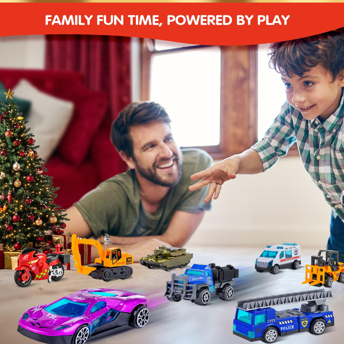 Advent Style Box of 24 Alloy Toy Vehicles Including Race Cars, Tanks and Helicopters with a Play Map