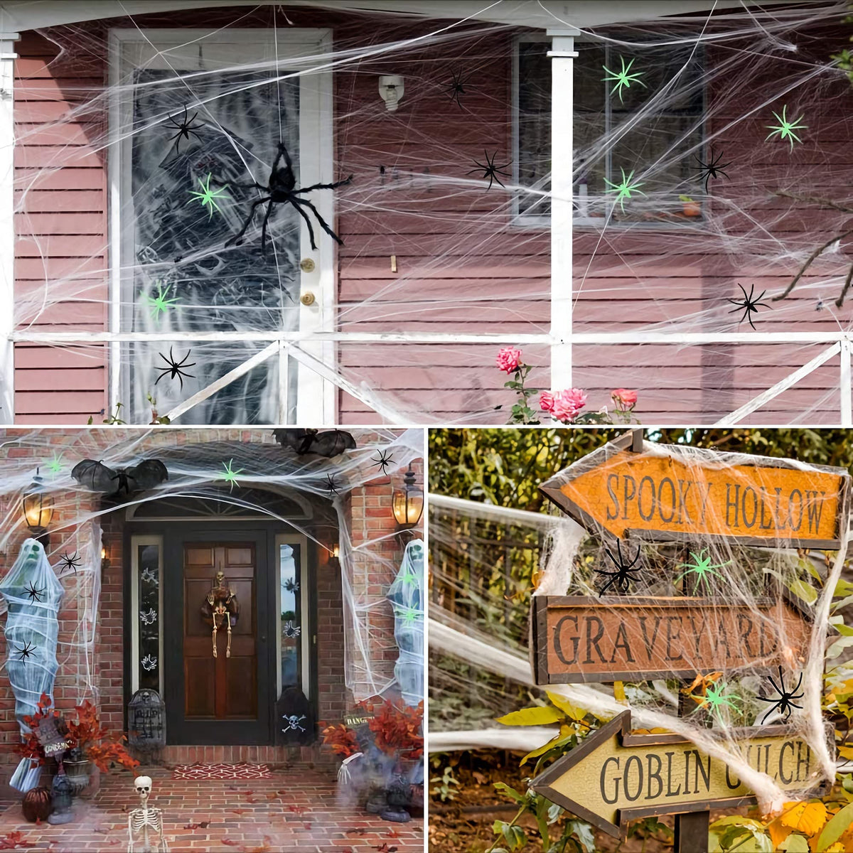 Soft Cotton Web with Ten Glowing and Ten Black Spiders for Halloween Doors and Corners