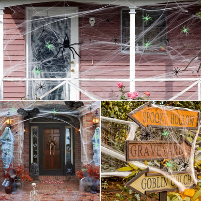 Soft Cotton Web with Ten Glowing and Ten Black Spiders for Halloween Doors and Corners