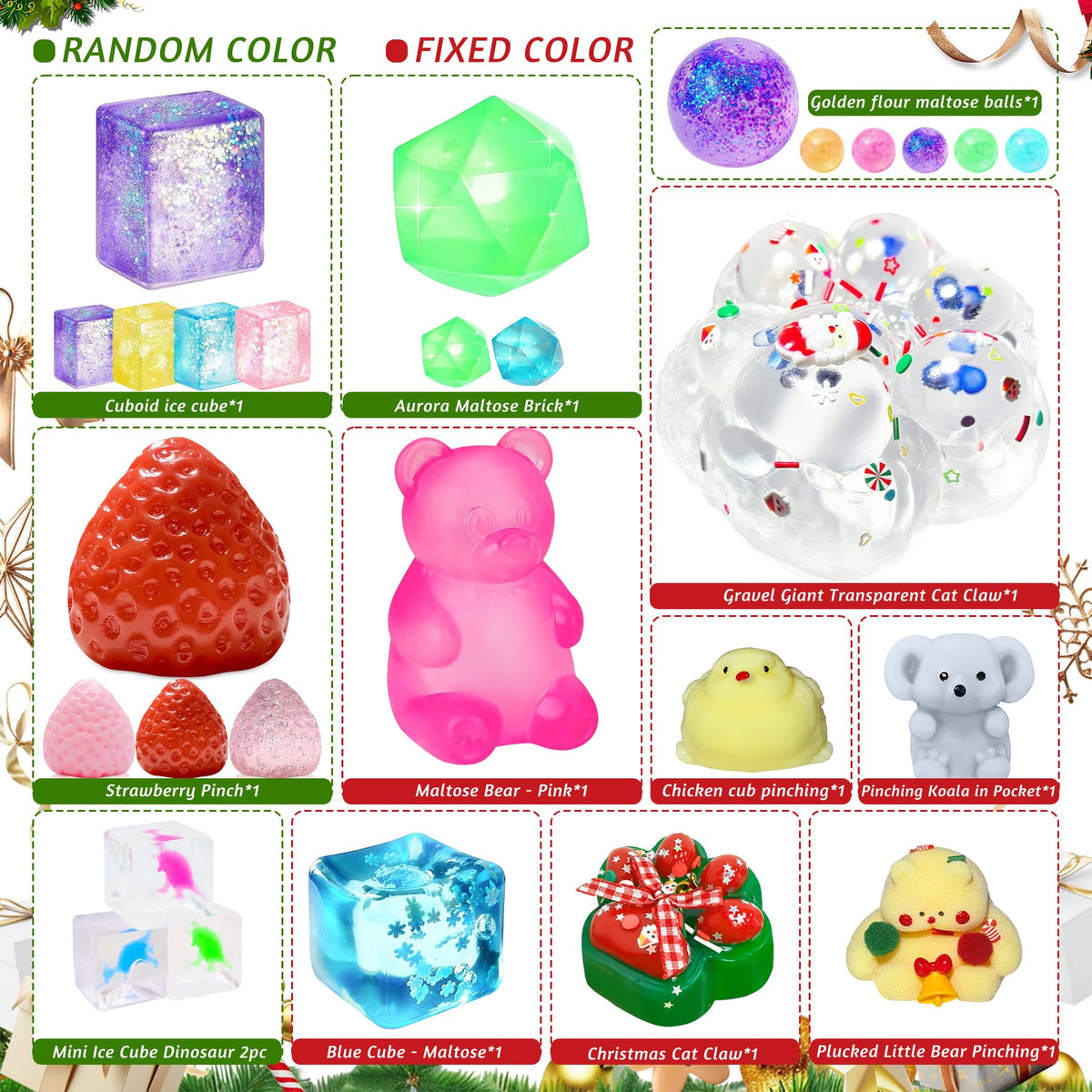 Fold Open Christmas Calendar Box Packed with 24 Different Squishy Toys in Soft Thermoplastic Rubber