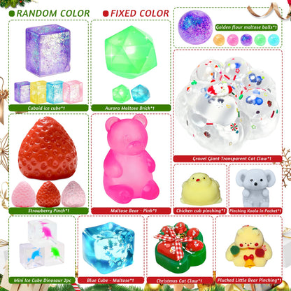 Fold Open Christmas Calendar Box Packed with 24 Different Squishy Toys in Soft Thermoplastic Rubber