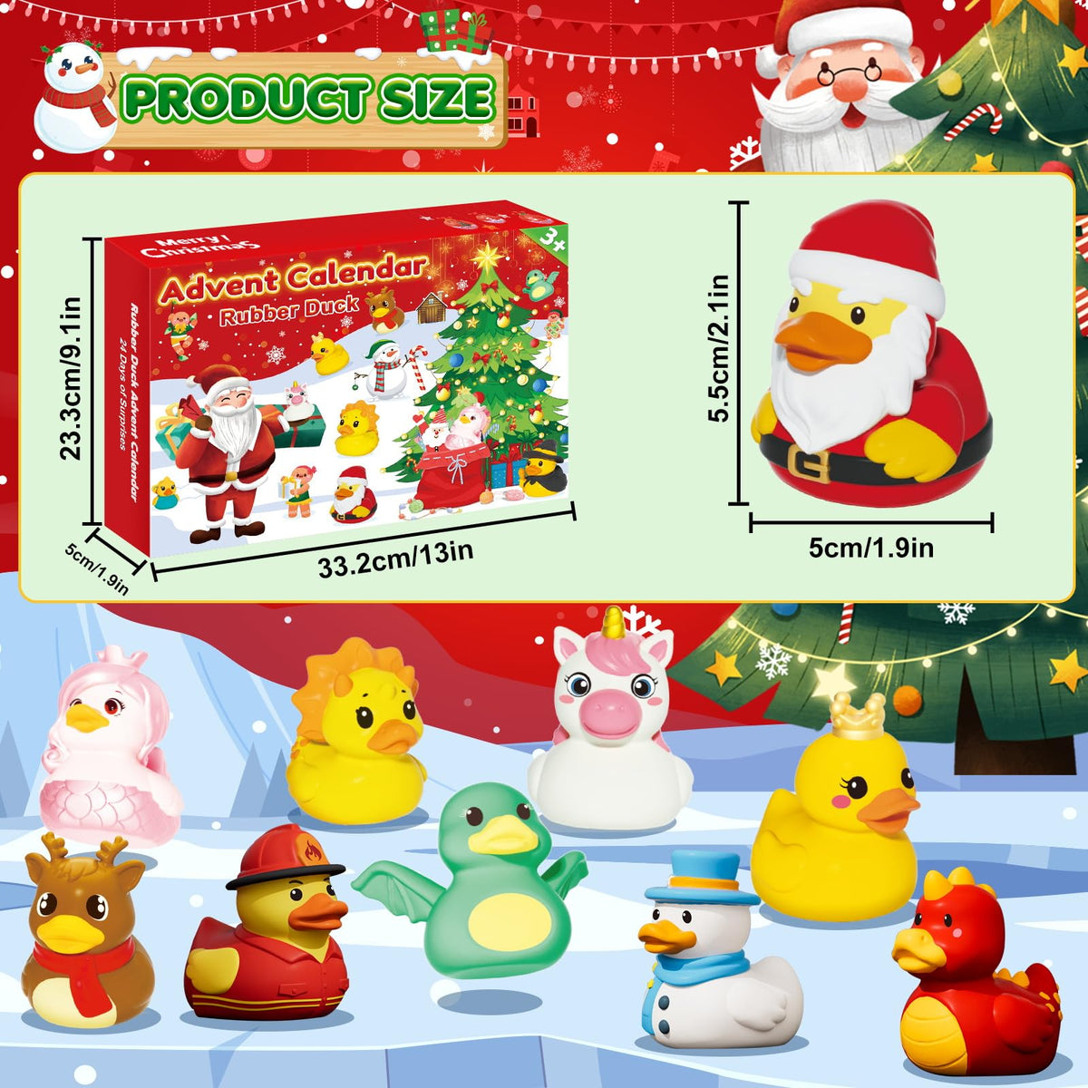 Twenty Four Piece Rubber Duck Holiday Calendar with Santa, Snowman, Unicorn and Elf Costume Ducks