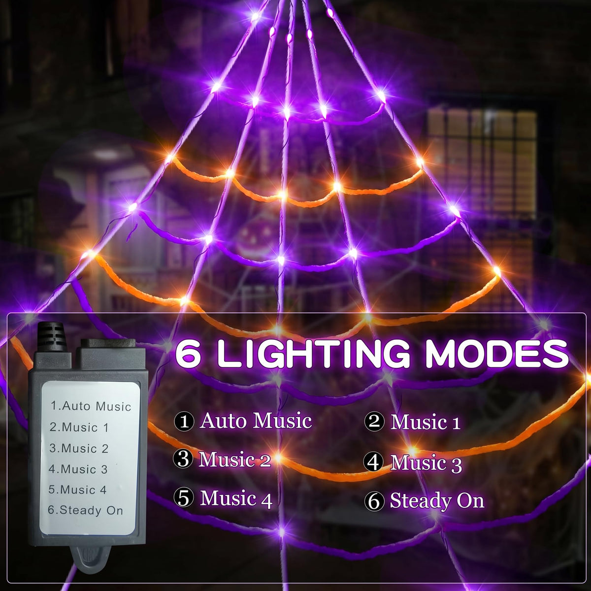 Sensor Triggered Spider Web Lights with 150 Purple LEDs and Eerie Sounds for Gutters and Lawns