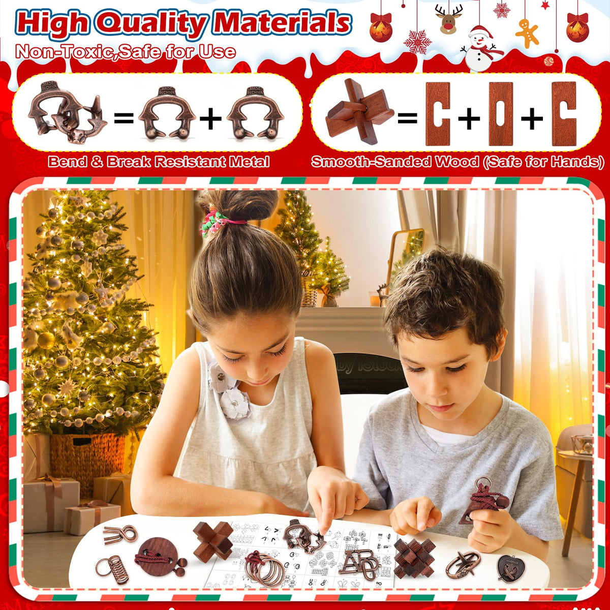 Brain Teaser Advent Box Packing 24 Interlocking Metal Ring and Wooden Block Puzzles for Puzzle Fans of Every Age