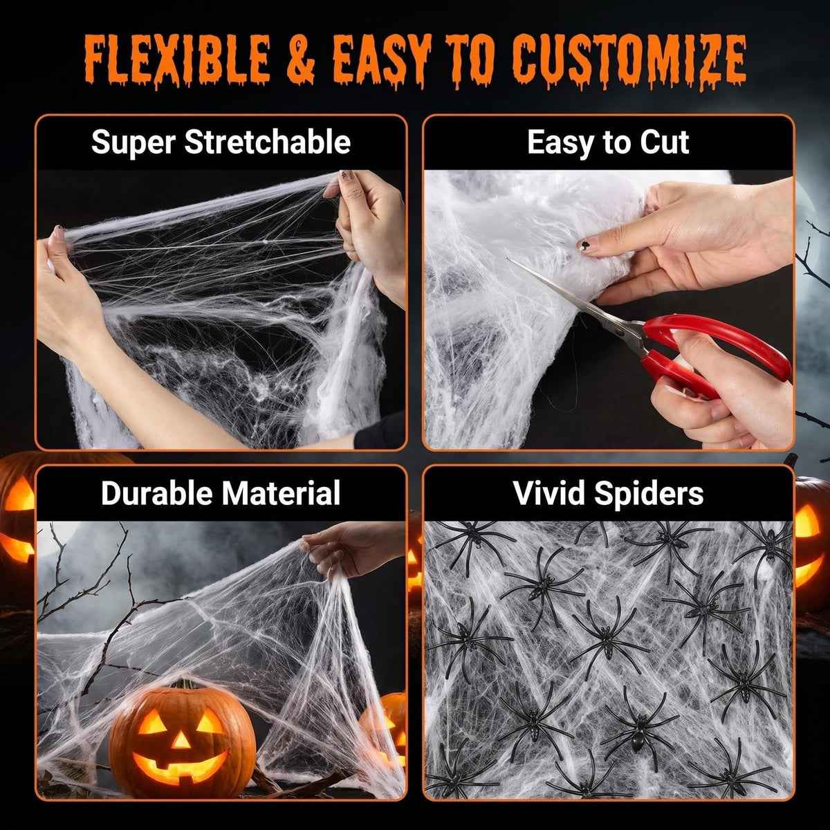 Wispy White Cobweb Bags with 40 Plastic Spiders in Six Coverage Sizes for Hedges Porches and Rooms