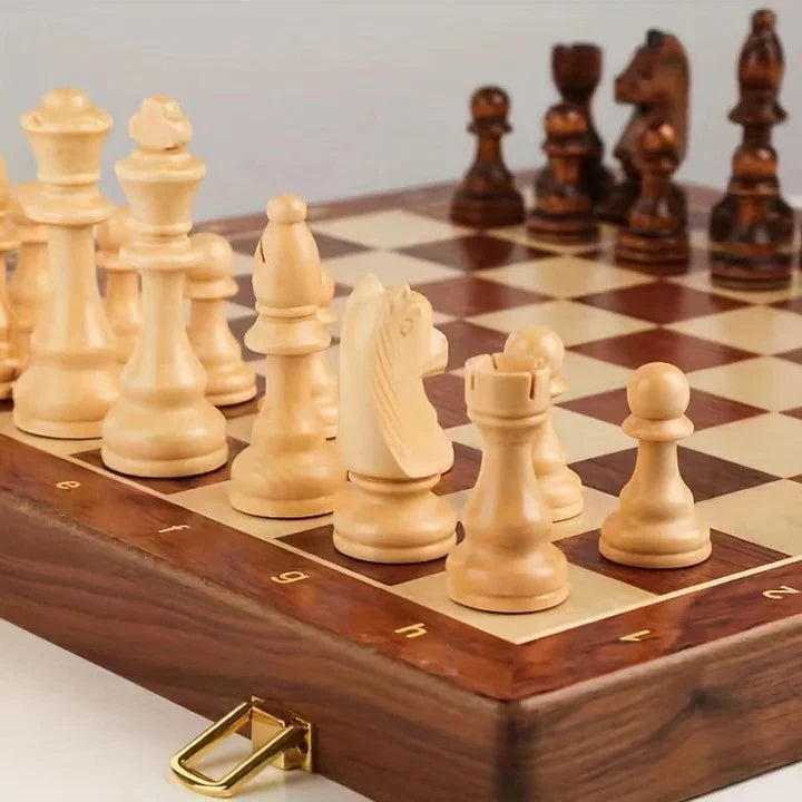 Handcrafted Solid Wood Chess Board with Carved Pieces and Storage Drawer
