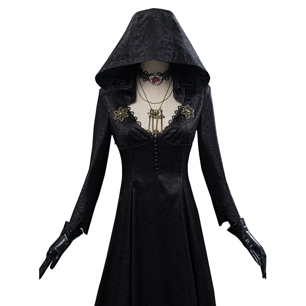 Women's Gothic Halloween Outfit with Patterned Long Jacket and Temporary Tattoos