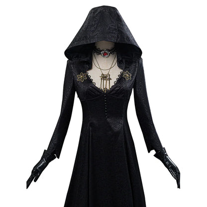 Women's Gothic Halloween Outfit with Patterned Long Jacket and Temporary Tattoos
