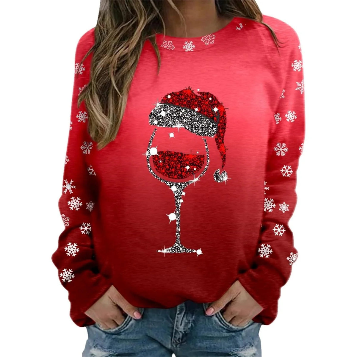 Ladies Christmas Themed Loose Pullover Jumper, Round Neckline and Long Sleeves