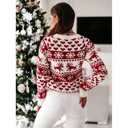 Womens Festive Pullover Jumper with Deer and Snow Pattern, Round Neckline