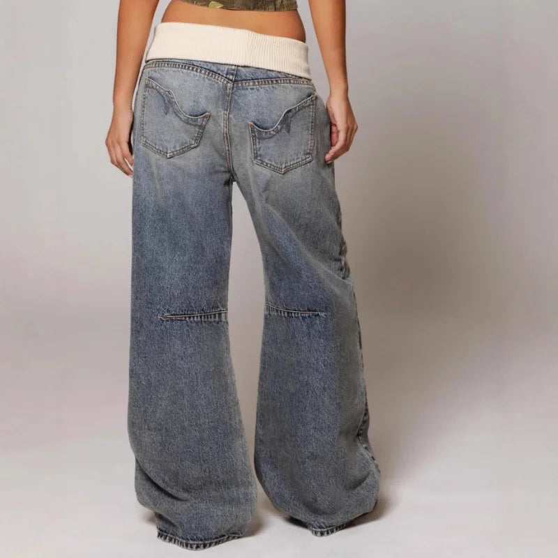 Women's Light Wash Denim Trousers with Stretch Waist and Loose Straight Cut