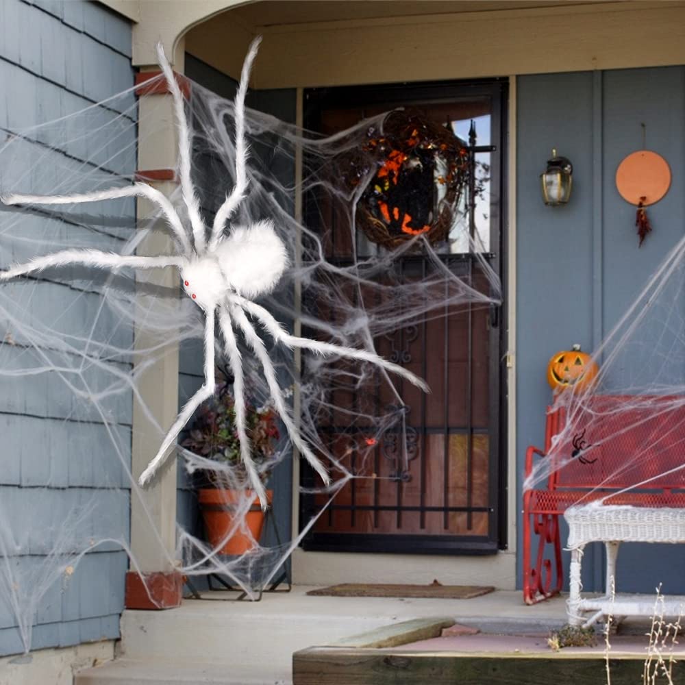 Poseable Hairy Spider Trio with 12 Foot Web for Halloween Doorways Hedges and Rails in Black Or White