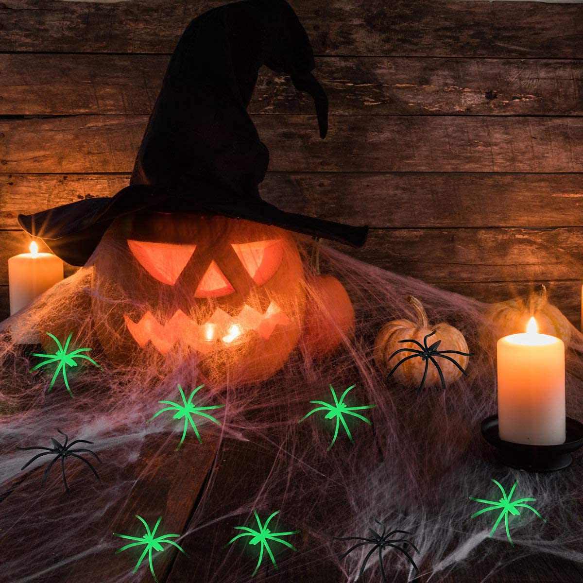 Soft Cotton Web with Ten Glowing and Ten Black Spiders for Halloween Doors and Corners