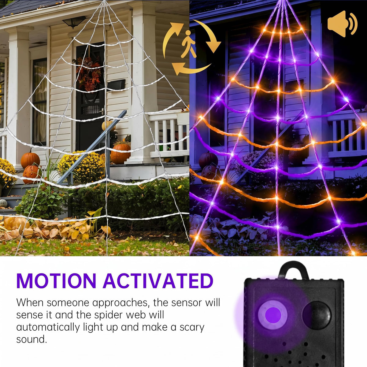 Sensor Triggered Spider Web Lights with 150 Purple LEDs and Eerie Sounds for Gutters and Lawns