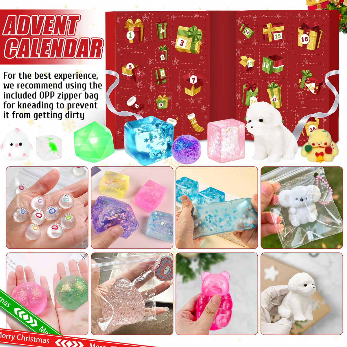 Fold Open Christmas Calendar Box Packed with 24 Different Squishy Toys in Soft Thermoplastic Rubber