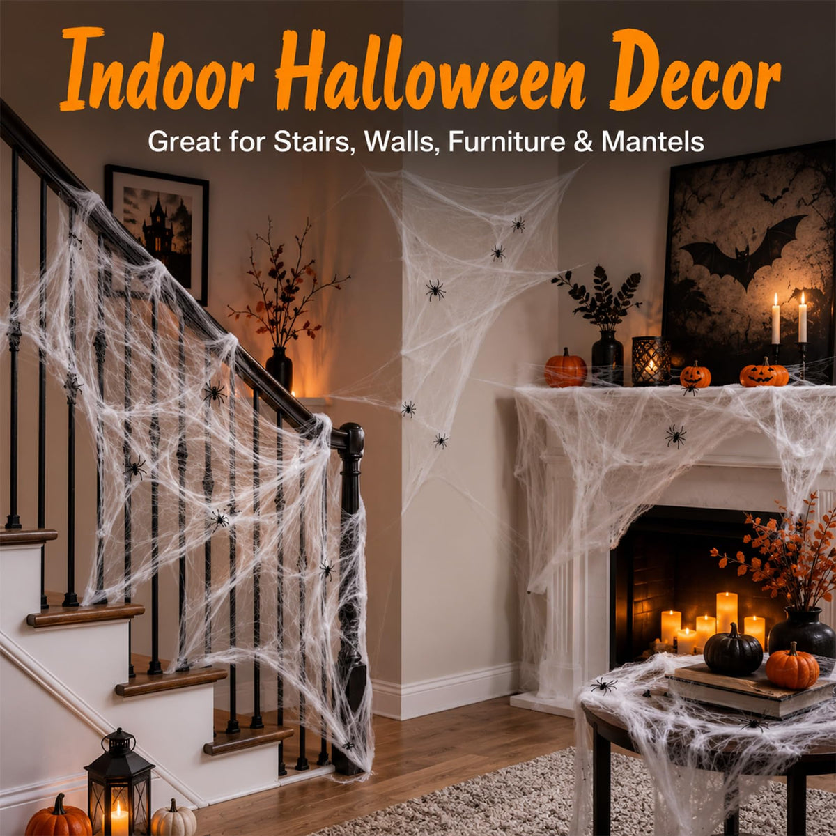Wispy White Cobweb Bags with 40 Plastic Spiders in Six Coverage Sizes for Hedges Porches and Rooms