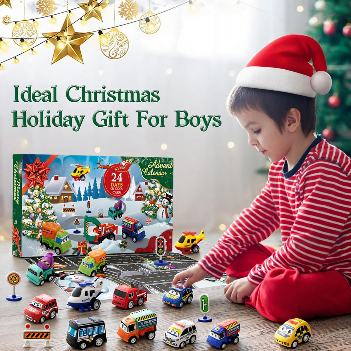 Twenty One Pull Back Cars and Three Road Sign Sets Packed in a Green 24 Window Holiday Countdown Box