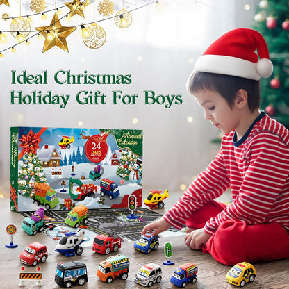 Twenty One Pull Back Cars and Three Road Sign Sets Packed in a Green 24 Window Holiday Countdown Box