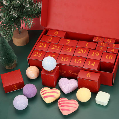 Bath Bomb Advent Box with 24 Wrapped Bath Bombs in 14 Scents and a Red Merry Christmas Design