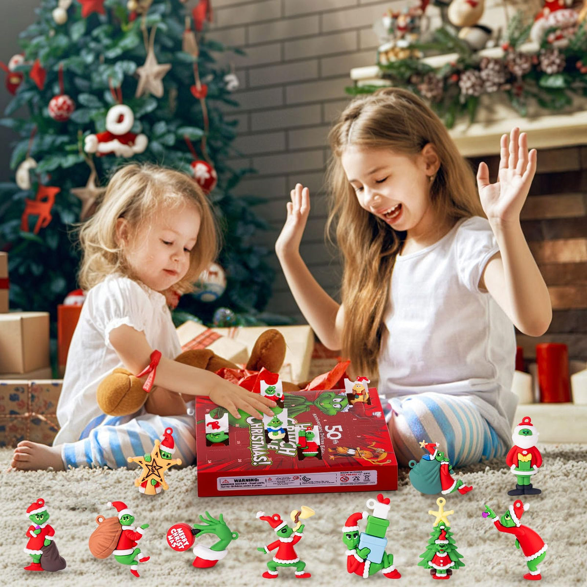 Holiday Figure Advent Box with 24 Small Plastic Collectibles in a Red, Black or Blue Box