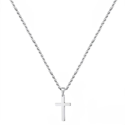 Mens Steel Crucifix Charm Chain, Silver Tone with Clasp Fastening