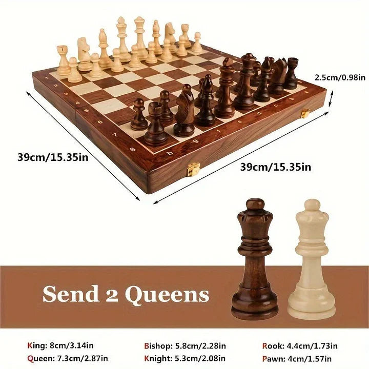 Handcrafted Solid Wood Chess Board with Carved Pieces and Storage Drawer