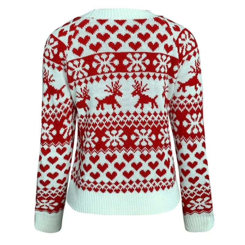 Womens Festive Pullover Jumper with Deer and Snow Pattern, Round Neckline