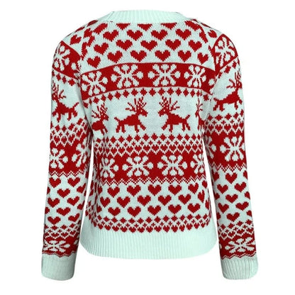 Womens Festive Pullover Jumper with Deer and Snow Pattern, Round Neckline