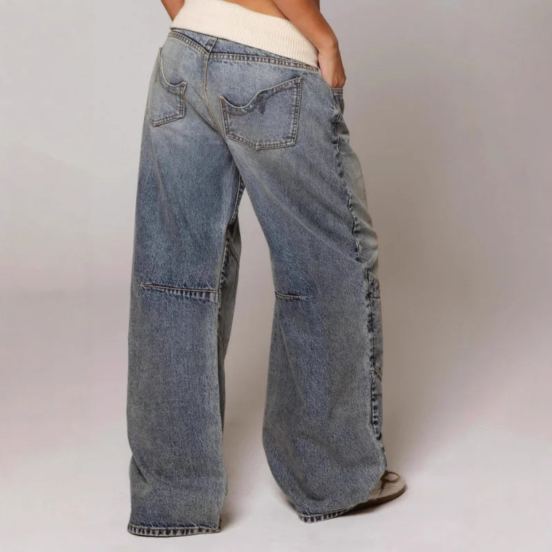 Women's Light Wash Denim Trousers with Stretch Waist and Loose Straight Cut
