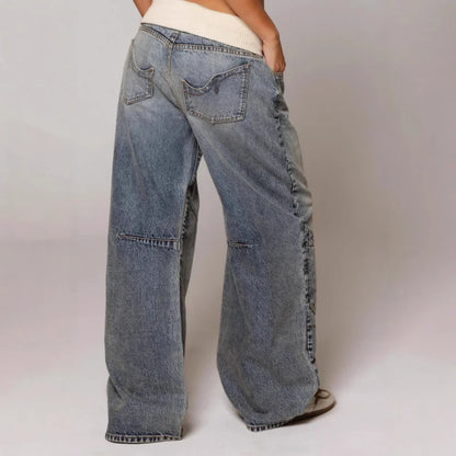 Women's Light Wash Denim Trousers with Stretch Waist and Loose Straight Cut