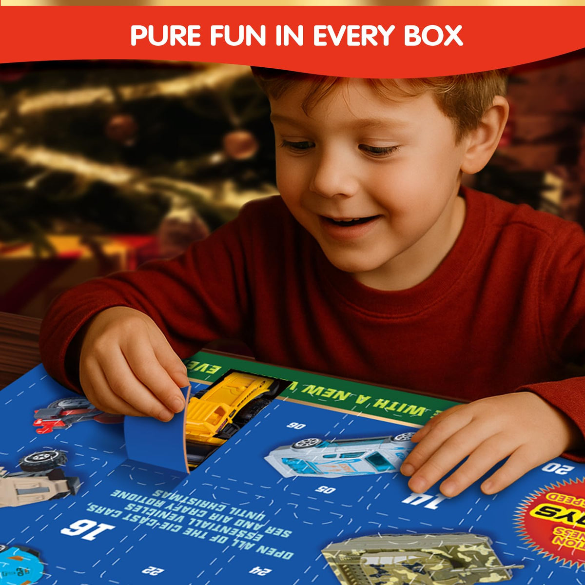 Advent Style Box of 24 Alloy Toy Vehicles Including Race Cars, Tanks and Helicopters with a Play Map
