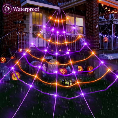 Sensor Triggered Spider Web Lights with 150 Purple LEDs and Eerie Sounds for Gutters and Lawns